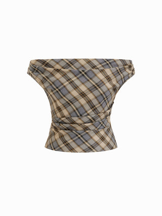 Off-shoulder Tartan Ruched Crop Top