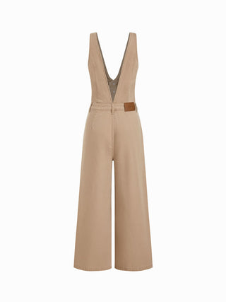 Denim V-neck Button Pocket Wide Leg Jumpsuit