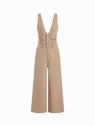 Denim V-neck Button Pocket Wide Leg Jumpsuit