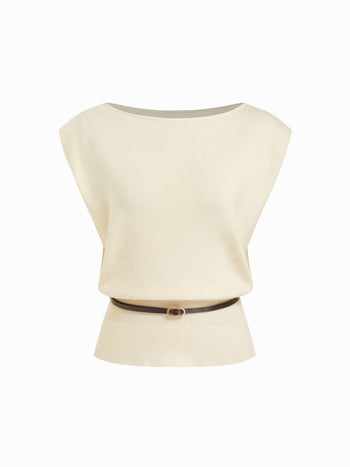 Knit Boat Neck Vest With Belt