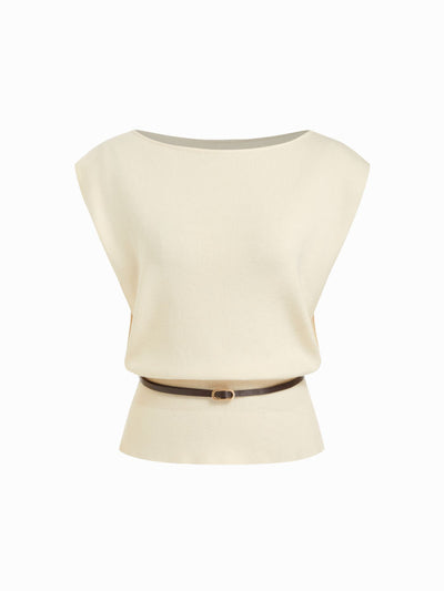 Knit Boat Neck Vest With Belt