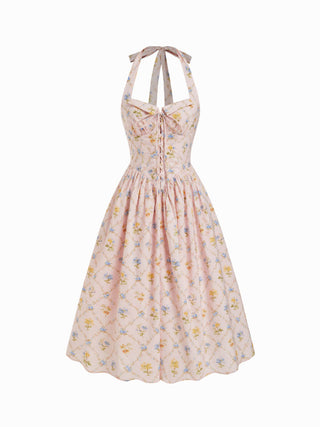 Cotton-blend Sculptural Ditsy Floral Halter Neckline Knotted A-line Maxi Dress