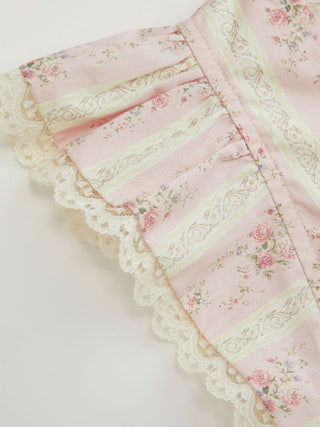 Cotton-blend Stripe Floral V-neck Ruffle Sleeve Lace Trim Blouse