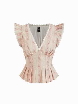 Cotton-blend Stripe Floral V-neck Ruffle Sleeve Lace Trim Blouse