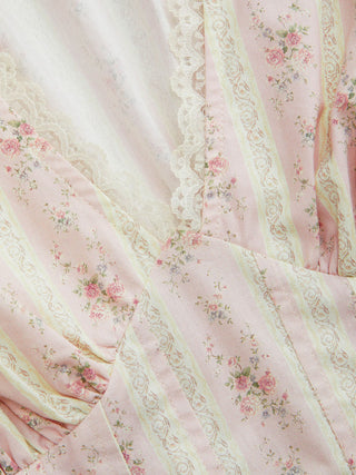 Cotton-blend Stripe Floral V-neck Ruffle Sleeve Lace Trim Blouse