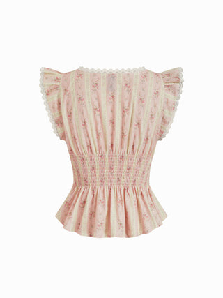 Cotton-blend Stripe Floral V-neck Ruffle Sleeve Lace Trim Blouse