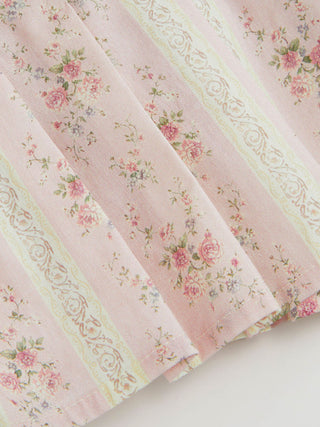 Cotton-blend Stripe Floral V-neck Ruffle Sleeve Lace Trim Blouse