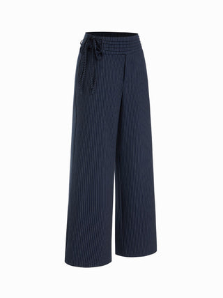 Low Rise Striped Tie Side Ruched Straight Leg Trousers
