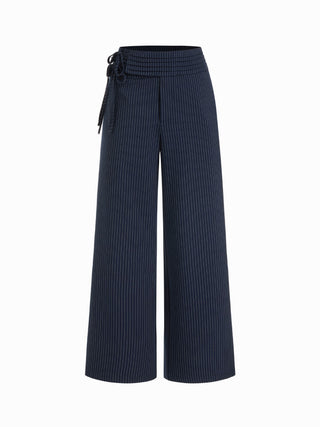 Low Rise Striped Tie Side Ruched Straight Leg Trousers