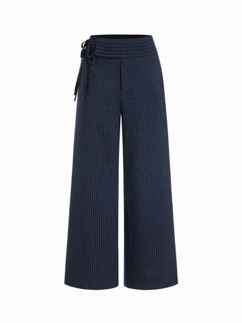 Low Rise Striped Tie Side Ruched Straight Leg Trousers
