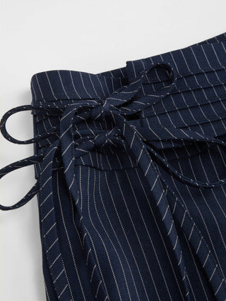 Low Rise Striped Tie Side Ruched Straight Leg Trousers