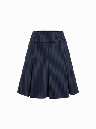 Mid Rise Striped Pleated Pocket Midi Skirt