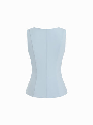 Boat Neck Button Front Flap Detail Blazer Vest