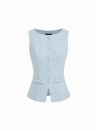 Boat Neck Button Front Flap Detail Blazer Vest