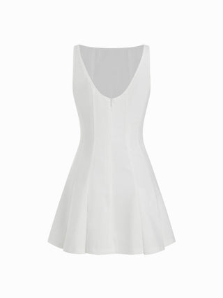 Linen-blend Boat Neck Pleated A-line Mini Dress