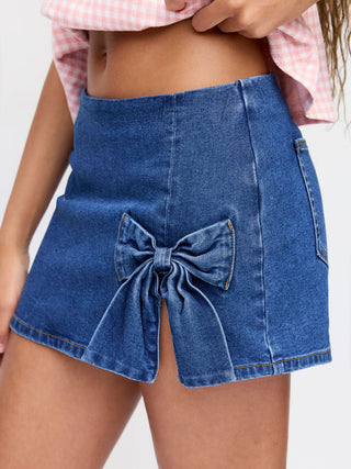 Stretch Denim Washed Low Rise Bowknot A-line Mini Skirt