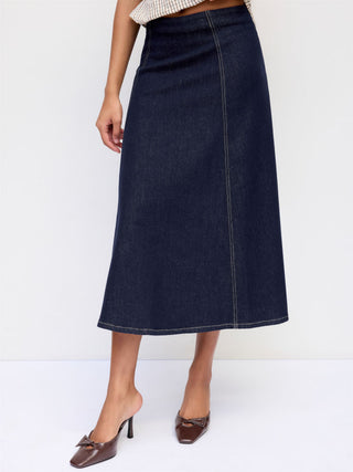 Stretch Denim High Rise Washed Pleated A-line Flare Midi Skirt