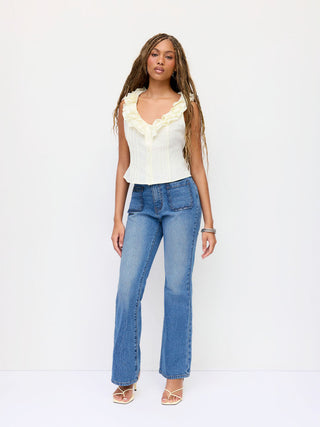 Denim Stretch Denim Mid Rise Scalloped Trim Metal Detail Flared Jeans For School Daily Casual