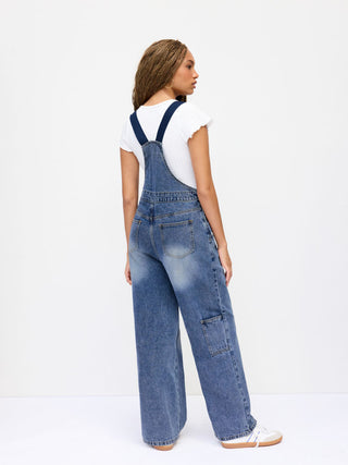 Petite Denim Washed Low Rise Metal Detail Wide Leg Oversized Overalls