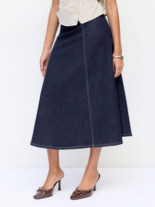 Stretch Denim High Rise Washed Pleated A-line Flare Midi Skirt