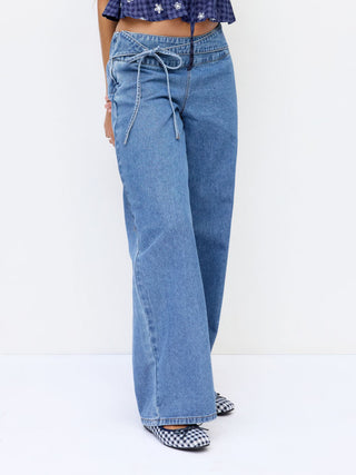 Denim Low Rise Washed Drawstring Wide Leg Jeans