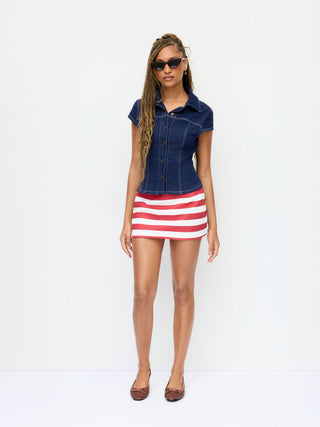 Stretch Denim Washed Short Sleeve Metal Detail Shirt