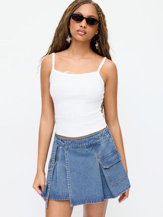 Denim Low Rise Washed Wrap Pocket A-line Mini Skort