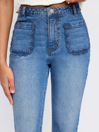 Denim Stretch Denim Mid Rise Scalloped Trim Metal Detail Flared Jeans For School Daily Casual