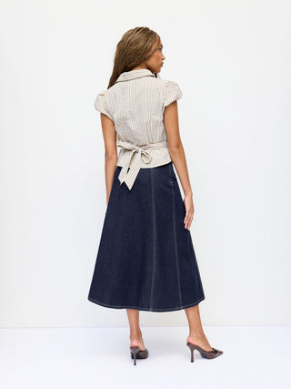 Stretch Denim High Rise Washed Pleated A-line Flare Midi Skirt