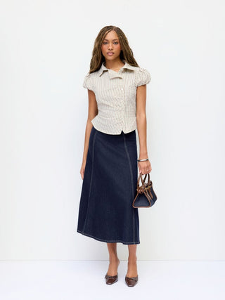 Stretch Denim High Rise Washed Pleated A-line Flare Midi Skirt