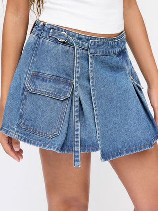 Denim Low Rise Washed Wrap Pocket A-line Mini Skort