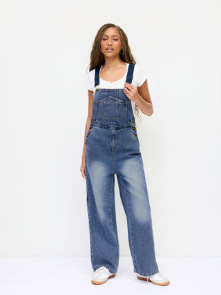 Petite Denim Washed Low Rise Metal Detail Wide Leg Oversized Overalls