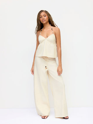 Denim Denim Halter Neckline Beaded Twist Knotted Oversized Cami Top For Vacation Beach