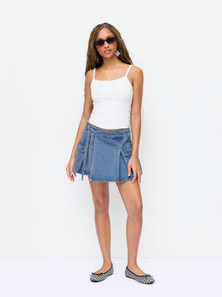Denim Low Rise Washed Wrap Pocket A-line Mini Skort