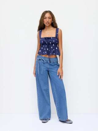 Denim Low Rise Washed Drawstring Wide Leg Jeans