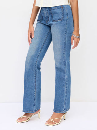 Denim Stretch Denim Mid Rise Scalloped Trim Metal Detail Flared Jeans For School Daily Casual