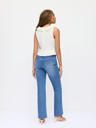 Denim Stretch Denim Mid Rise Scalloped Trim Metal Detail Flared Jeans For School Daily Casual