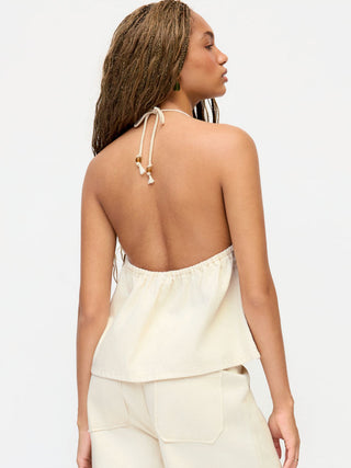 Denim Denim Halter Neckline Beaded Twist Knotted Oversized Cami Top For Vacation Beach