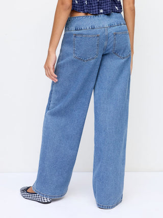 Denim Low Rise Washed Drawstring Wide Leg Jeans