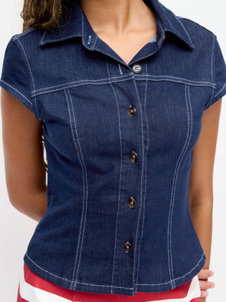 Stretch Denim Washed Short Sleeve Metal Detail Shirt