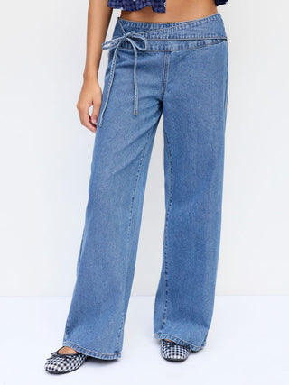 Denim Low Rise Washed Drawstring Wide Leg Jeans
