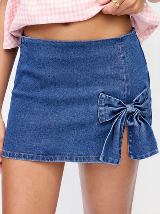 Stretch Denim Washed Low Rise Bowknot A-line Mini Skirt