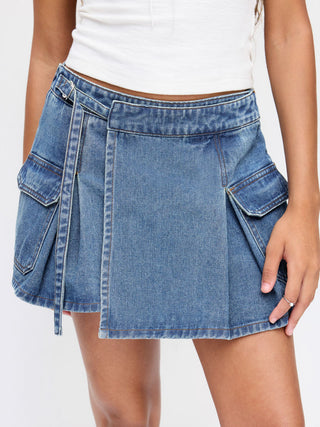 Denim Low Rise Washed Wrap Pocket A-line Mini Skort