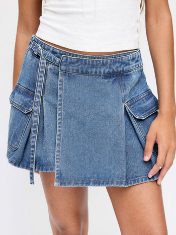 Denim Low Rise Washed Wrap Pocket A-line Mini Skort