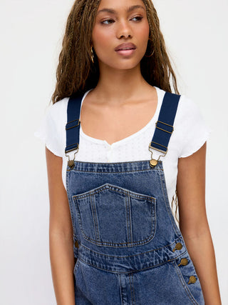 Petite Denim Washed Low Rise Metal Detail Wide Leg Oversized Overalls