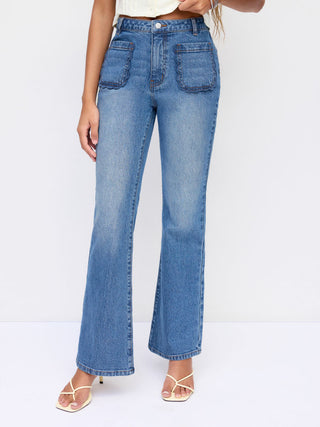 Denim Stretch Denim Mid Rise Scalloped Trim Metal Detail Flared Jeans For School Daily Casual
