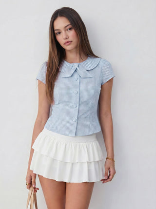 Cotton-blend Gingham Peter Pan Collar Puff Sleeve Bowknot Blouse