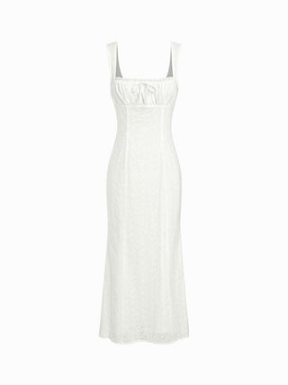 Cotton Eyelet Square Neck Bowknot Mermaid Maxi Dress