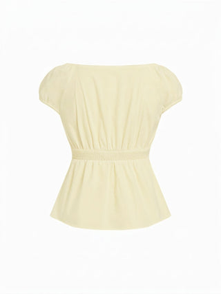 Cotton-blend Scoop Neckline Puff Sleeve Ruched Lace Trim Blouse