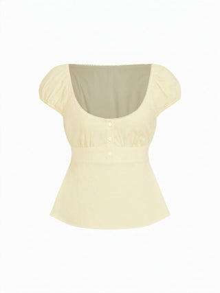Cotton-blend Scoop Neckline Puff Sleeve Ruched Lace Trim Blouse